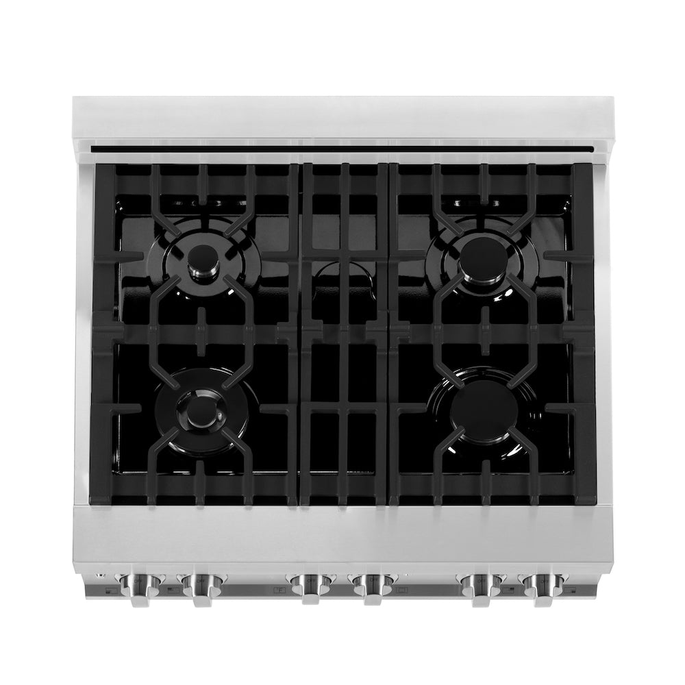 ZLINE 30 in. 4.0 cu. ft. Legacy Dual Fuel Range with 4 Burner Gas Cooktop and Electric Convection Oven in Stainless Steel with Griddle and White Matte Door (RA-WM-GR-30) top-down, above cooktop.