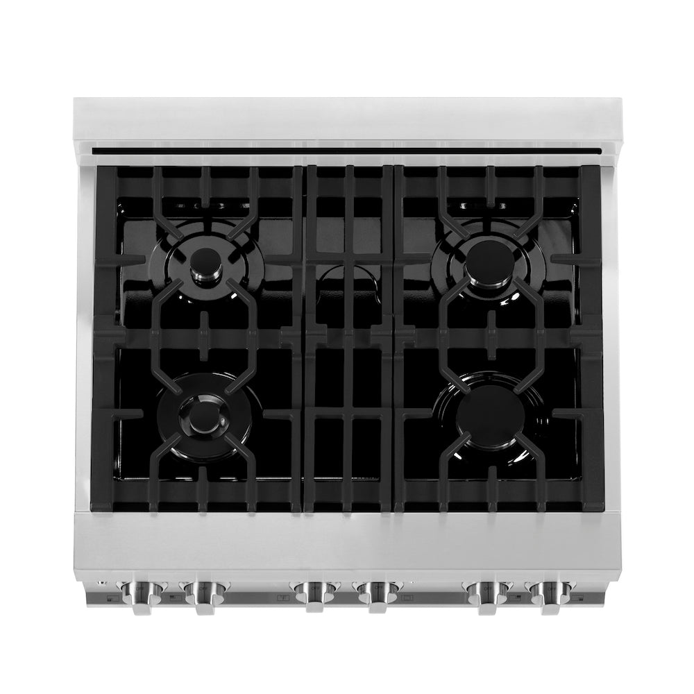 ZLINE 30 in. 4.0 cu. ft. Legacy Dual Fuel Range with 4 Burner Gas Cooktop and Electric Convection Oven in Stainless Steel with Griddle (RA-GR-30) top-down, above cooktop.
