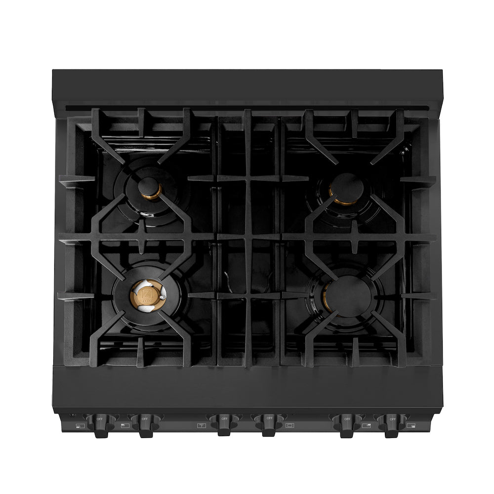 ZLINE 30 in. 4.0 cu. ft. Dual Fuel Range with Gas Stove and Electric Oven in Black Stainless Steel with Brass Burners (RAB-BR-30) from above showing cooktop.