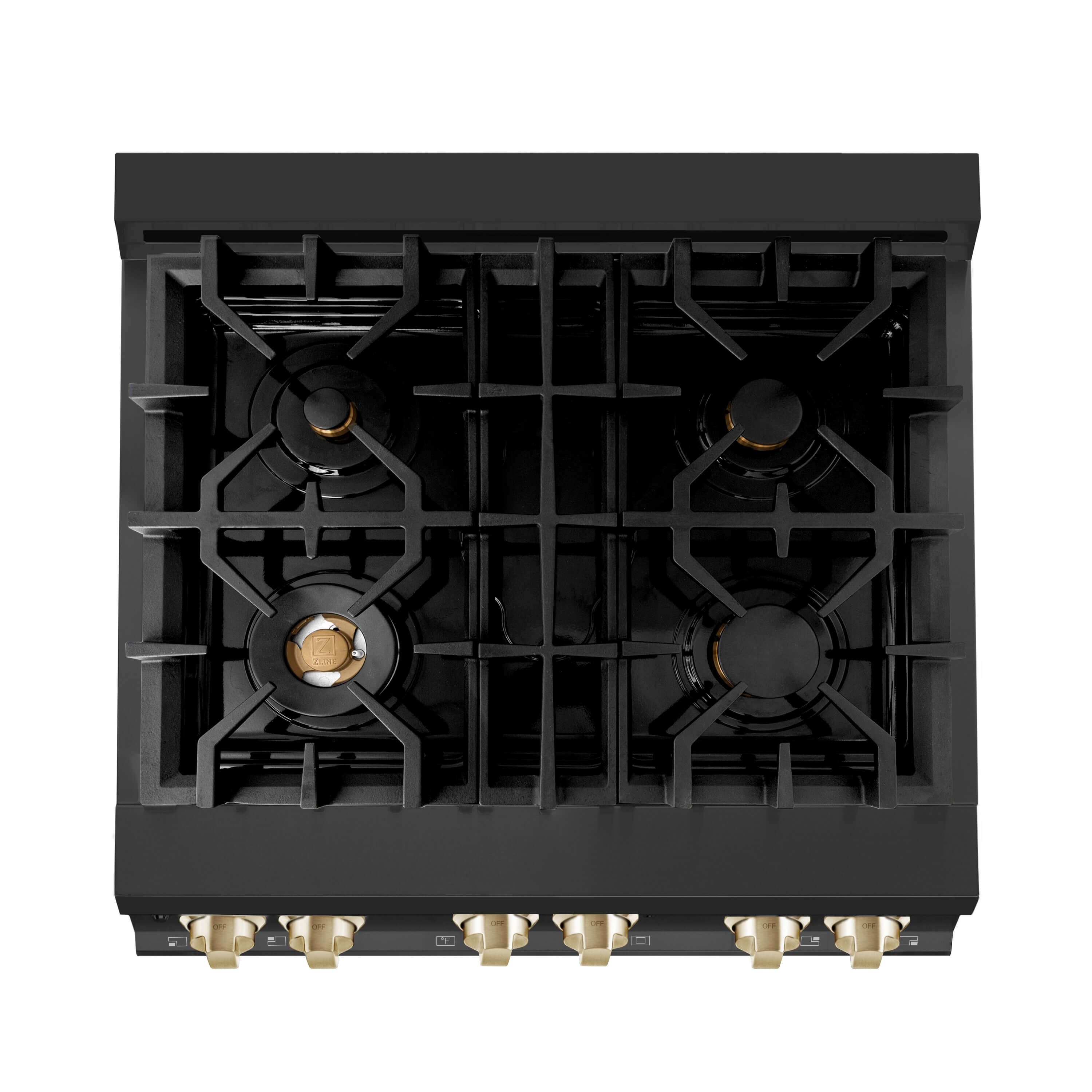 ZLINE Autograph Edition 30" Black Stainless Steel Range from above, showing 4-burner gas cooktop with brass burners.