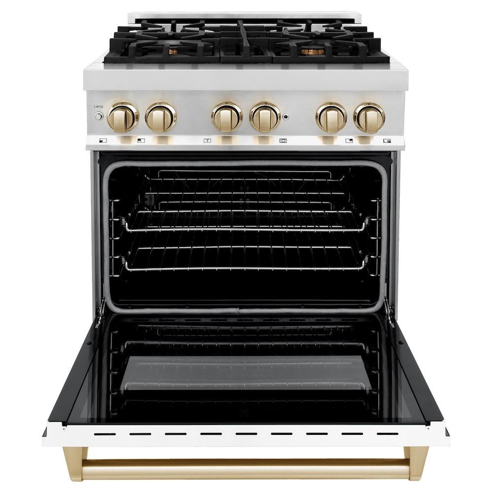 ZLINE Autograph Edition 30 in. 4.0 cu. ft. Legacy Dual Fuel Range with 4 Burner Gas Cooktop and Electric Convection Oven in Stainless Steel with White Matte Door and Polished Gold Accents (RAZ-WM-30-G) front, oven open.