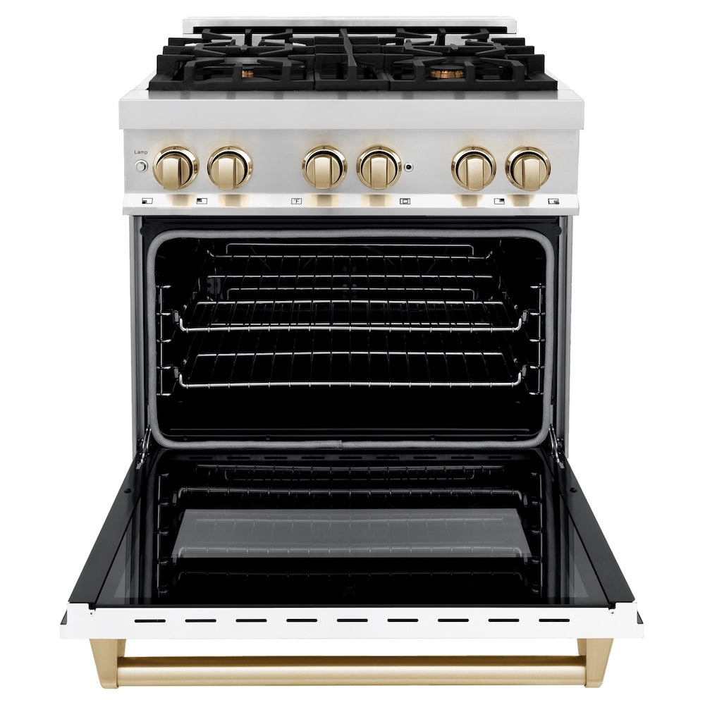 ZLINE Autograph Edition 30 in. 4.0 cu. ft. Legacy Dual Fuel Range with 4 Burner Gas Cooktop and Electric Convection Oven in Stainless Steel with White Matte Door and Polished Gold Accents, Open Box-Good Condition