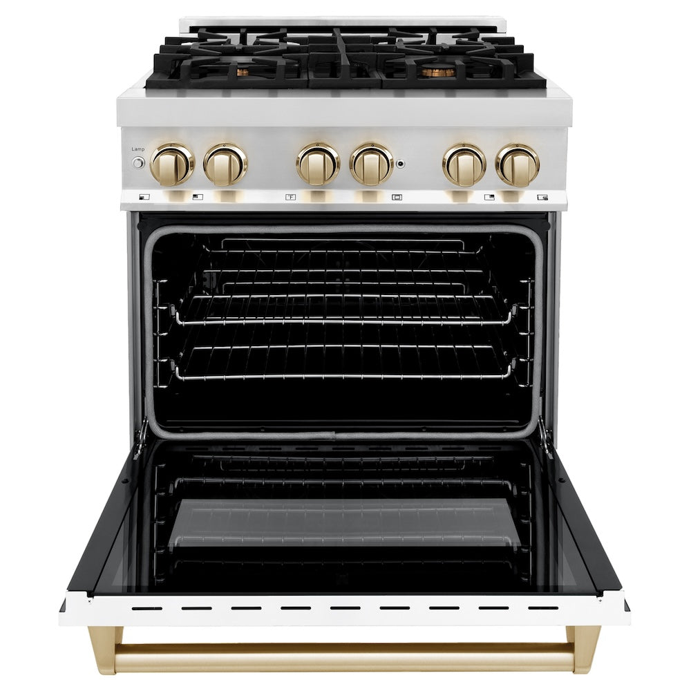 ZLINE Autograph Edition 30 in. Kitchen Package with Stainless Steel Dual Fuel Range with White Matte Door, Range Hood and Dishwasher with Polished Gold Accents (3AKP-RAWMRHDWM30-G)