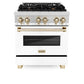 ZLINE Autograph Edition 30 in. 4.0 cu. ft. Legacy Dual Fuel Range with 4 Burner Gas Cooktop and Electric Convection Oven in Stainless Steel with White Matte Door and Polished Gold Accents (RAZ-WM-30-G) front, oven closed.