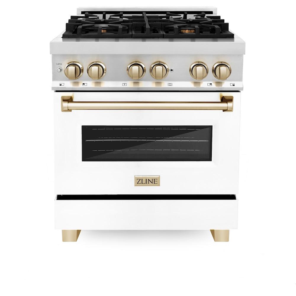 ZLINE Autograph Edition 30 in. 4.0 cu. ft. Legacy Dual Fuel Range with 4 Burner Gas Cooktop and Electric Convection Oven in Stainless Steel with White Matte Door and Polished Gold Accents (RAZ-WM-30-G) front, oven closed.