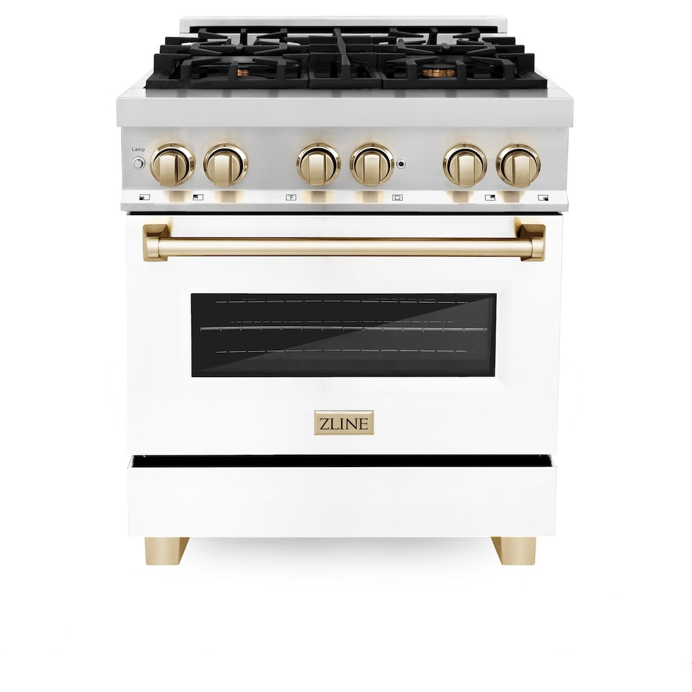 ZLINE Autograph Edition 30 in. 4.0 cu. ft. Legacy Dual Fuel Range with 4 Burner Gas Cooktop and Electric Convection Oven in Stainless Steel with White Matte Door and Polished Gold Accents, Open Box-Good Condition
