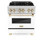 ZLINE Autograph Edition 30 in. Kitchen Package with Stainless Steel Dual Fuel Range with White Matte Door, Range Hood and Dishwasher with Polished Gold Accents (3AKP-RAWMRHDWM30-G)