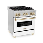 ZLINE Autograph Edition 30 in. 4.0 cu. ft. Legacy Dual Fuel Range with 4 Burner Gas Cooktop and Electric Convection Oven in Stainless Steel with White Matte Door and Polished Gold Accents, Open Box-Good Condition