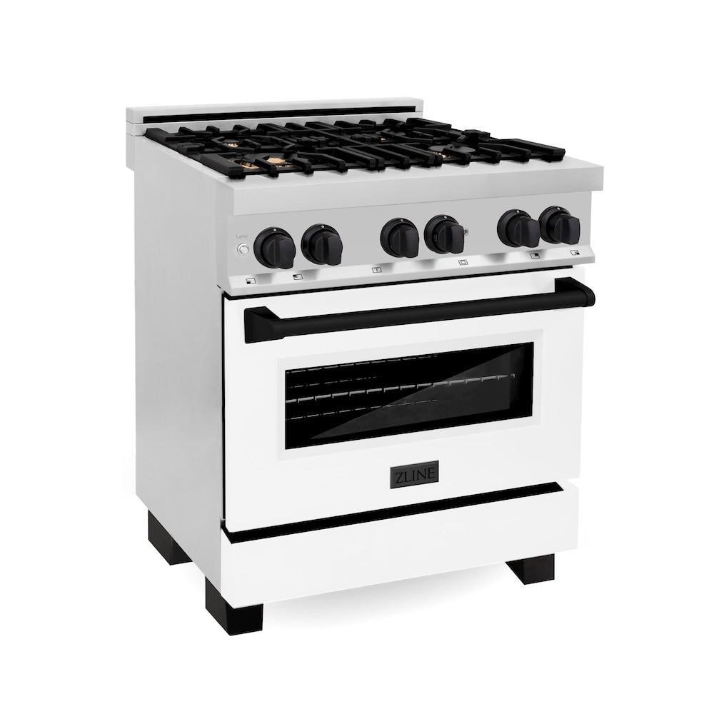 ZLINE Autograph Edition 30 in. 4.0 cu. ft. Legacy Dual Fuel Range with 4 Burner Gas Cooktop and Electric Convection Oven in Stainless Steel with White Matte Door and Matte Black Accents, Open Box-Great Condition main image.