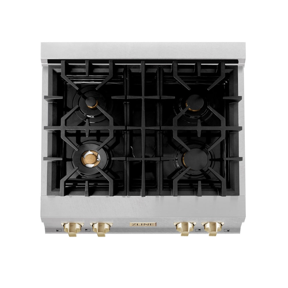 ZLINE Autograph Edition 30 in. Porcelain Rangetop with 4 Gas Burners in DuraSnow® Stainless Steel with Polished Gold Accents (RTSZ-30-G) from above, showing cooking surface.