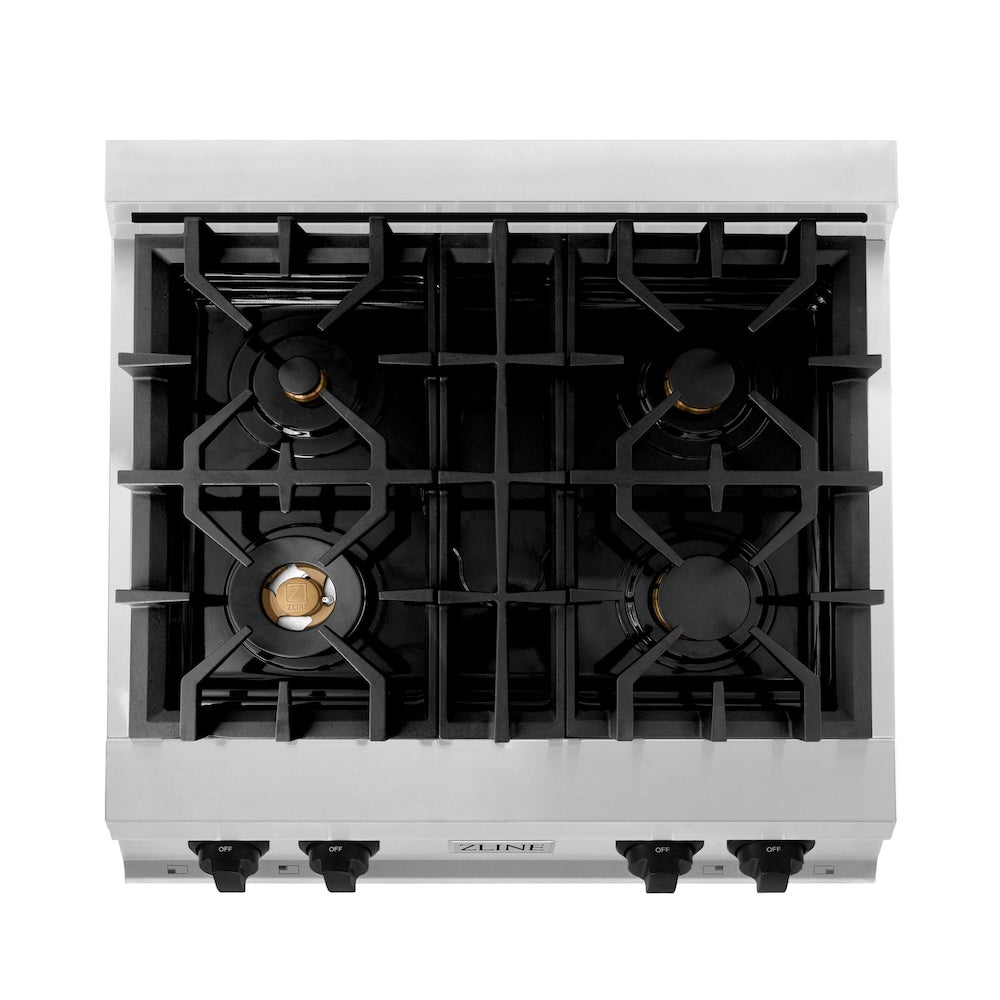 ZLINE Autograph Edition 30 in. Legacy Gas Rangetop with 4 Burners and Porcelain Cooktop in Stainless Steel with Matte Black Accents (RTZ-30-MB) from above, showing cooking surface.