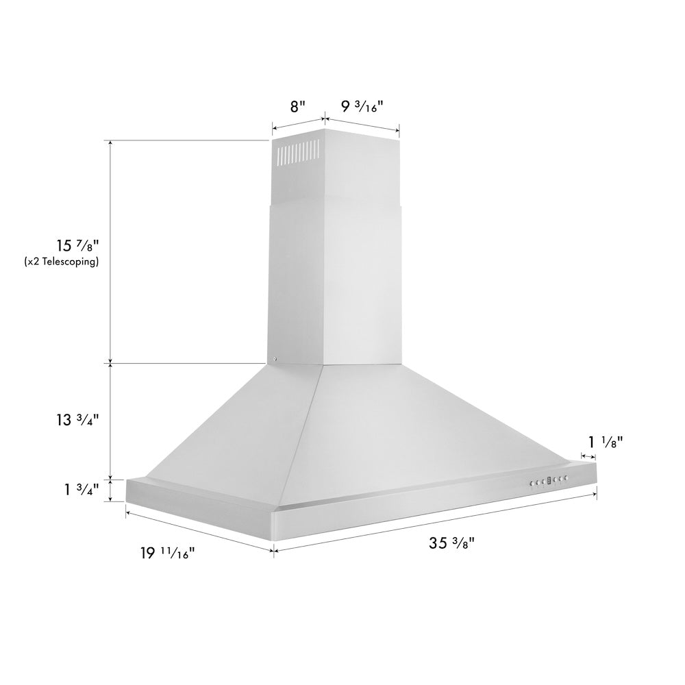 ZLINE Convertible Vent Wall Mount Range Hood in Stainless Steel (KB) dimensional diagram.