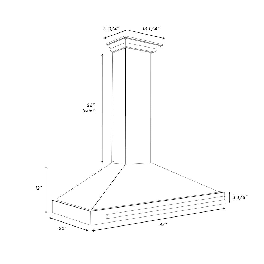 ZLINE 48 in. Stainless Steel Range Hood with Stainless Steel Handle and Colored Shell Options (KB4STX-48) dimensional diagram and measurements.