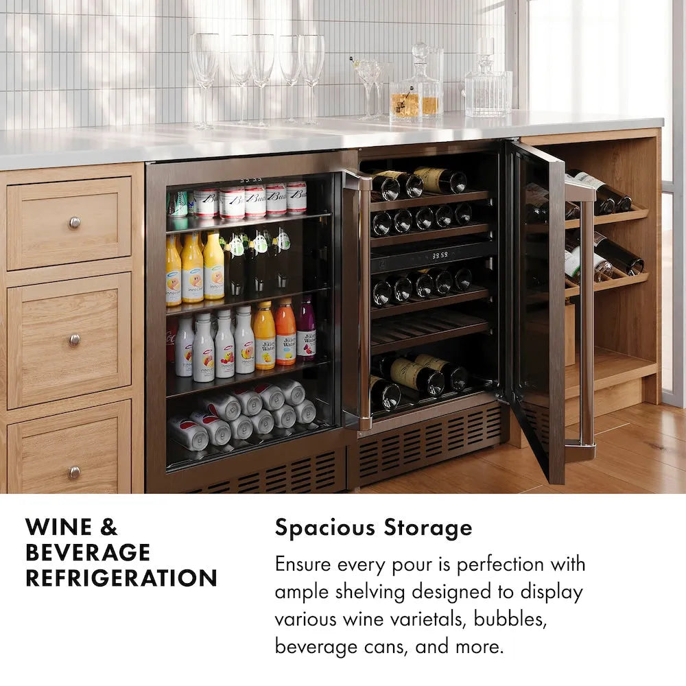 ZLINE Wine & Beverage Refrigeration Infographic. Image: Wine Cooler and Beverage fridge in a custom bar area. Text: Spacious Storage. Ensure every pour is perfection with ample shelving designed to display various wine varietals, bubbles, beverage cans, and more.