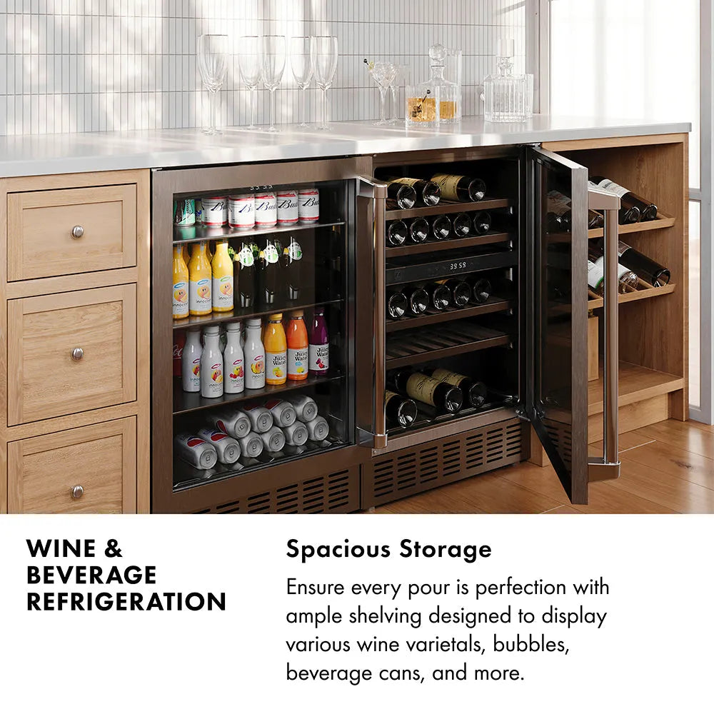 ZLINE Autograph Edition 24 in. Monument Dual Zone 44 Bottle Wine Cooler in Stainless Steel with Champagne Bronze Accents (RWVZ-UD-24-CB)