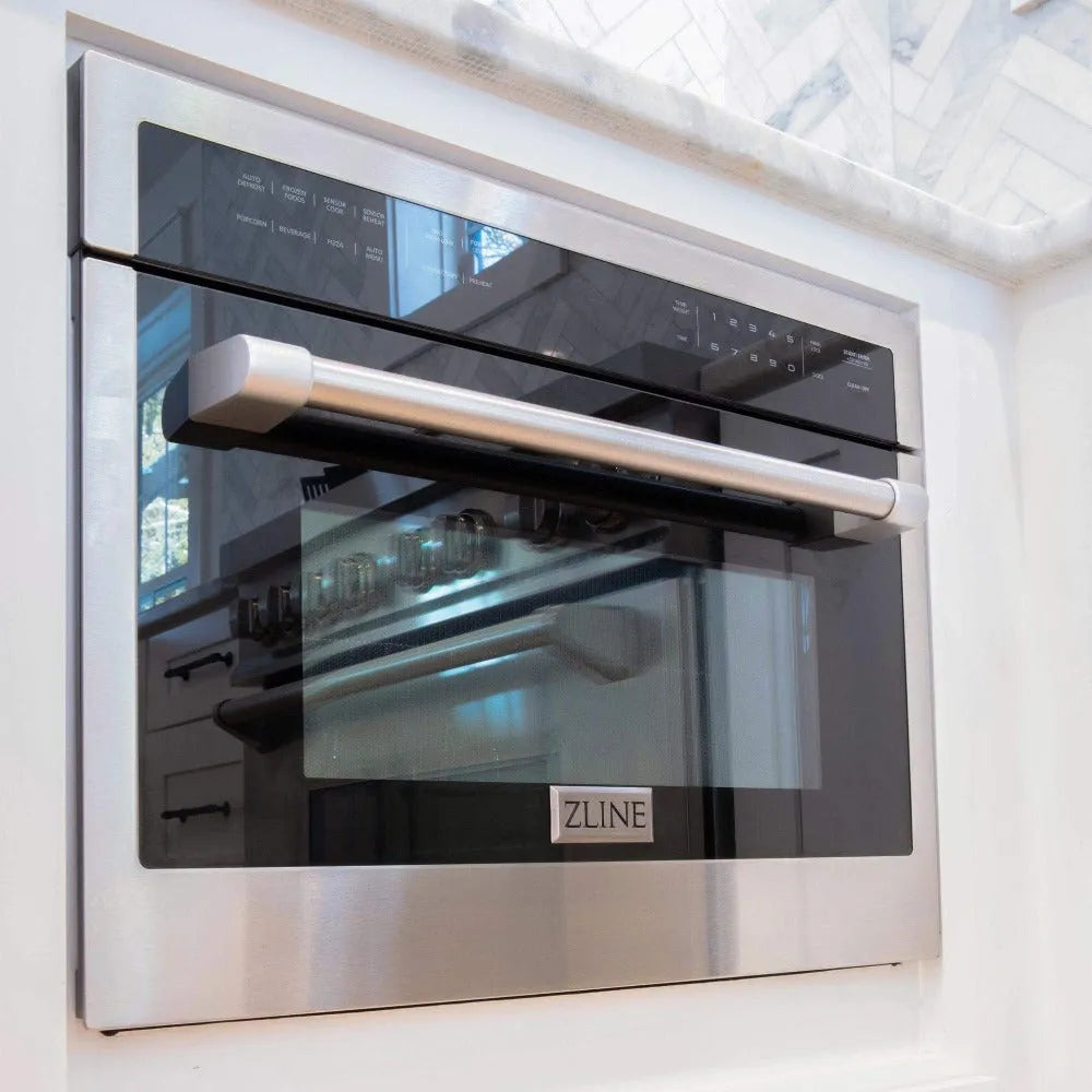 ZLINE 24 in. Stainless Steel Built-in Convection Microwave Oven with Speed and Sensor Cooking (MWO-24) lifestyle, in a cottage style kitchen.