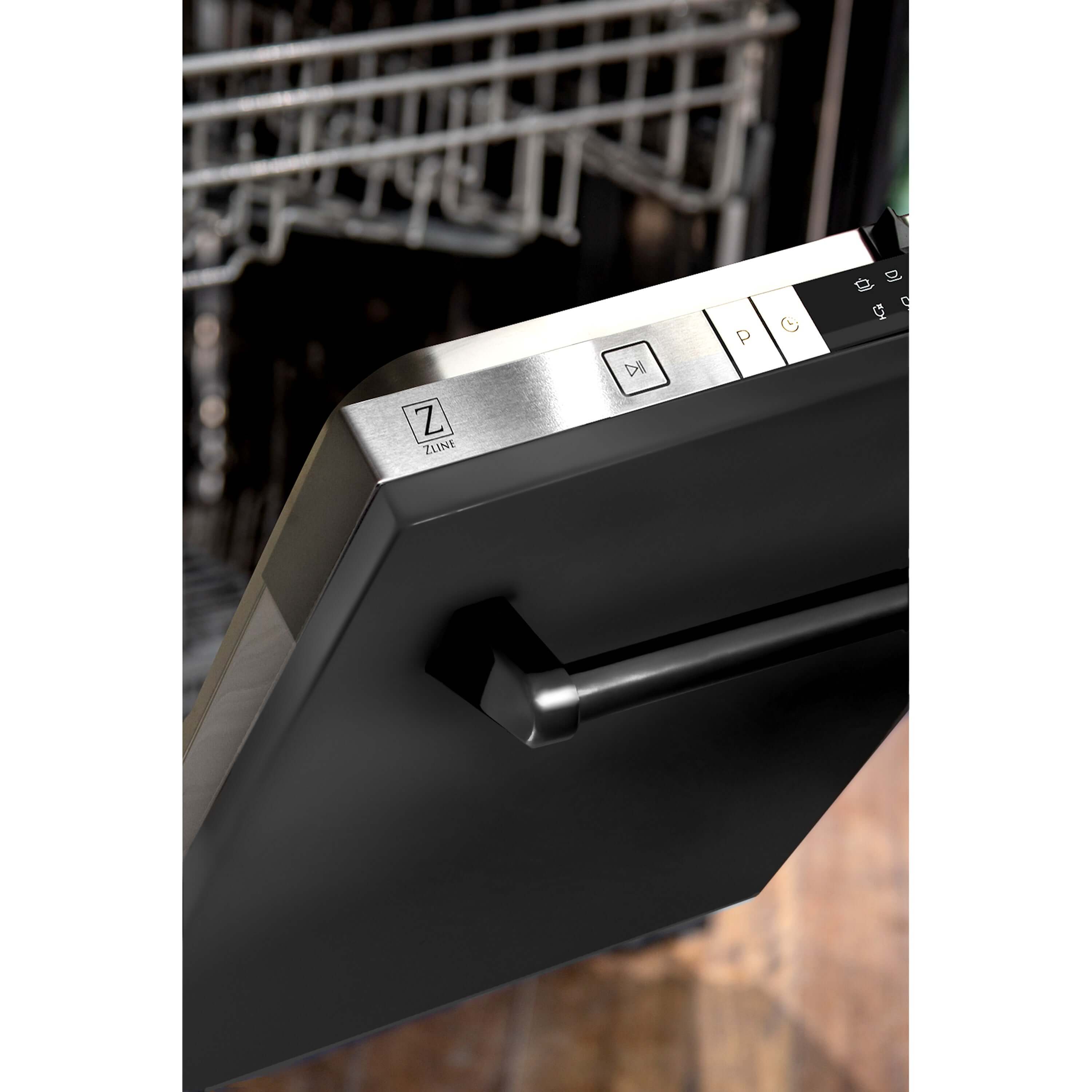ZLINE 24 in. Black Stainless Top Control Built-In Dishwasher with Stainless Steel Tub and Traditional Style Handle, 52dBa (DW-BS-24) built-in to cabinets in a luxury kitchen.