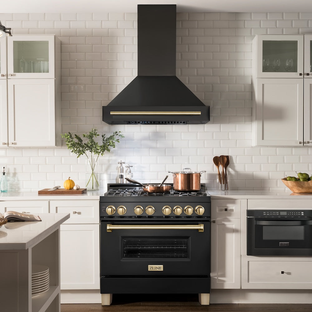 ZLINE Autograph Edition 36 in. Kitchen Package with Black Stainless Steel Dual Fuel Range and Range Hood with Polished Gold Accents (2AKP-RABRH36-G)