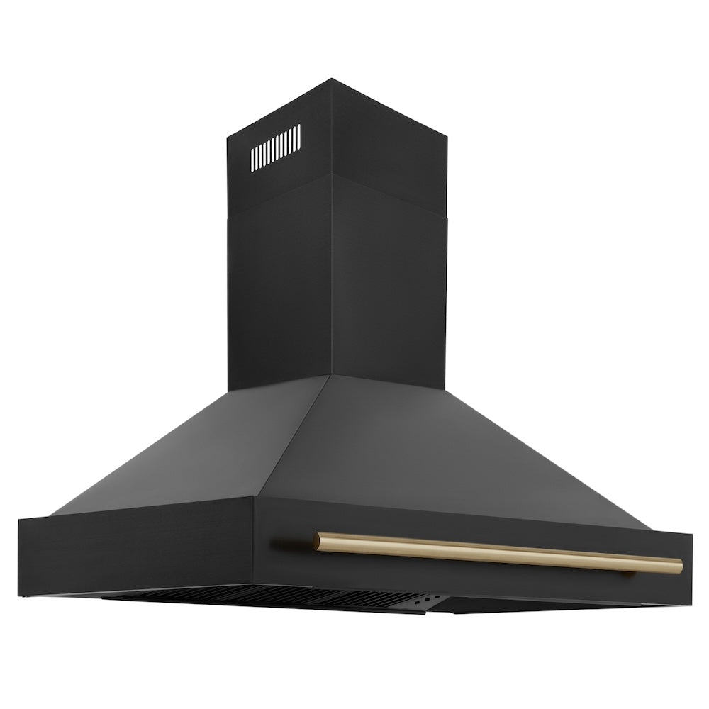 ZLINE 48 in. Autograph Edition Kitchen Package with Black Stainless Steel Dual Fuel Range, Range Hood, Dishwasher and Refrigeration with Champagne Bronze Accents (4AKPR-RABRHDWV48-CB)