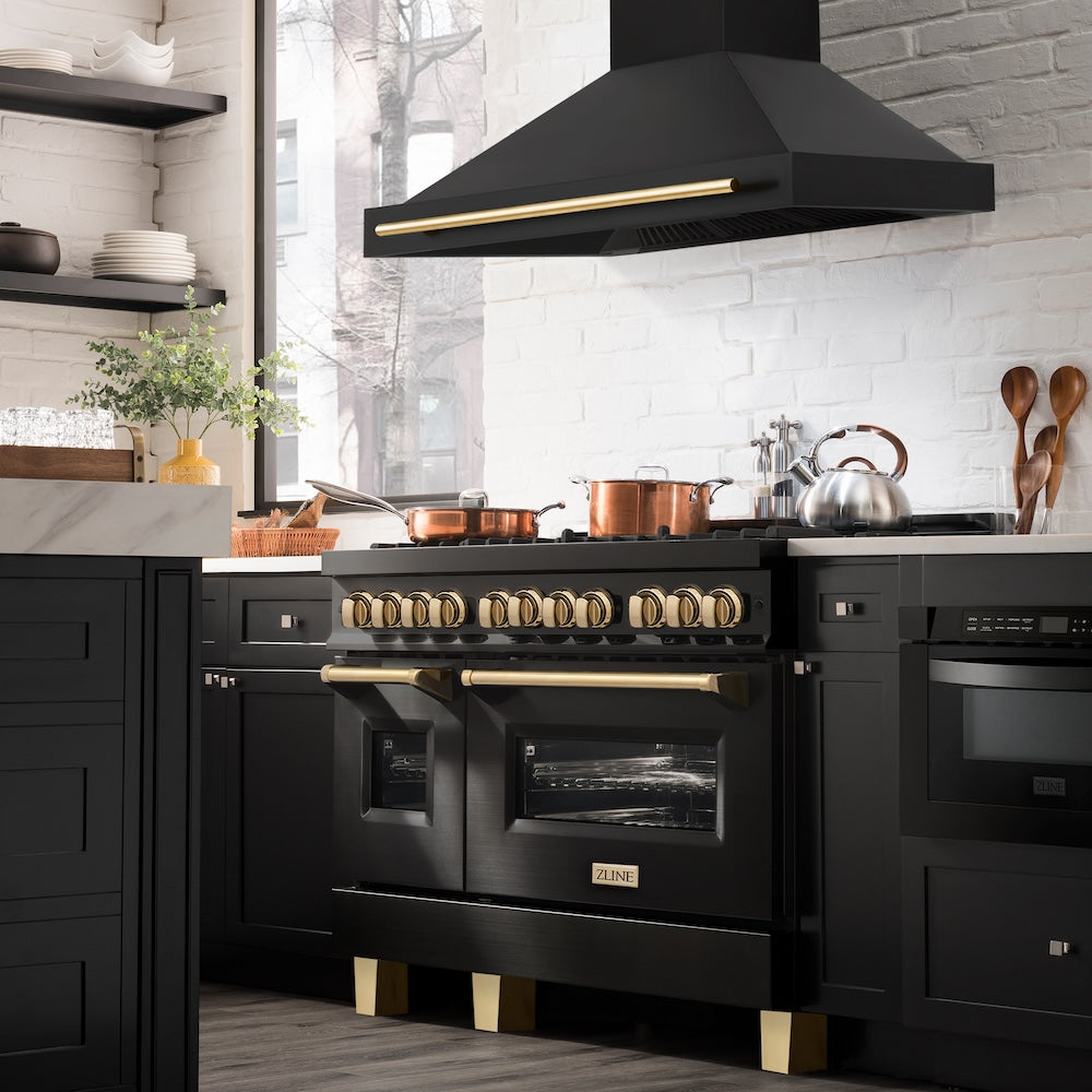 ZLINE Autograph Edition 48 in. Kitchen Package with Black Stainless Steel Dual Fuel Range and Range Hood with Polished Gold Accents (2AKP-RABRH48-G)