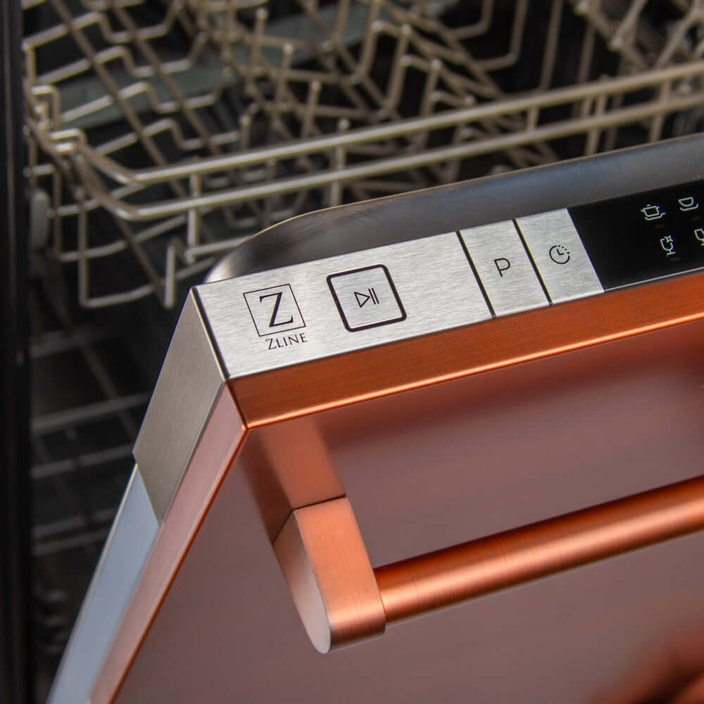 ZLINE 24 in. Copper Top Control Built-In Dishwasher with Stainless Steel Tub and Traditional Style Handle, 52dBa (DW-C-H-24) front, close-up, open.