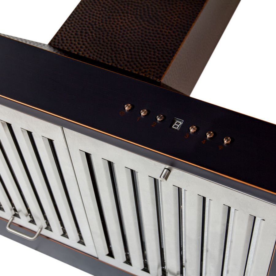 ZLINE Ducted Vent Designer Series Wall Mount Range Hood in Hand-Hammered Copper (KB2-HBXXX) button panel and display.