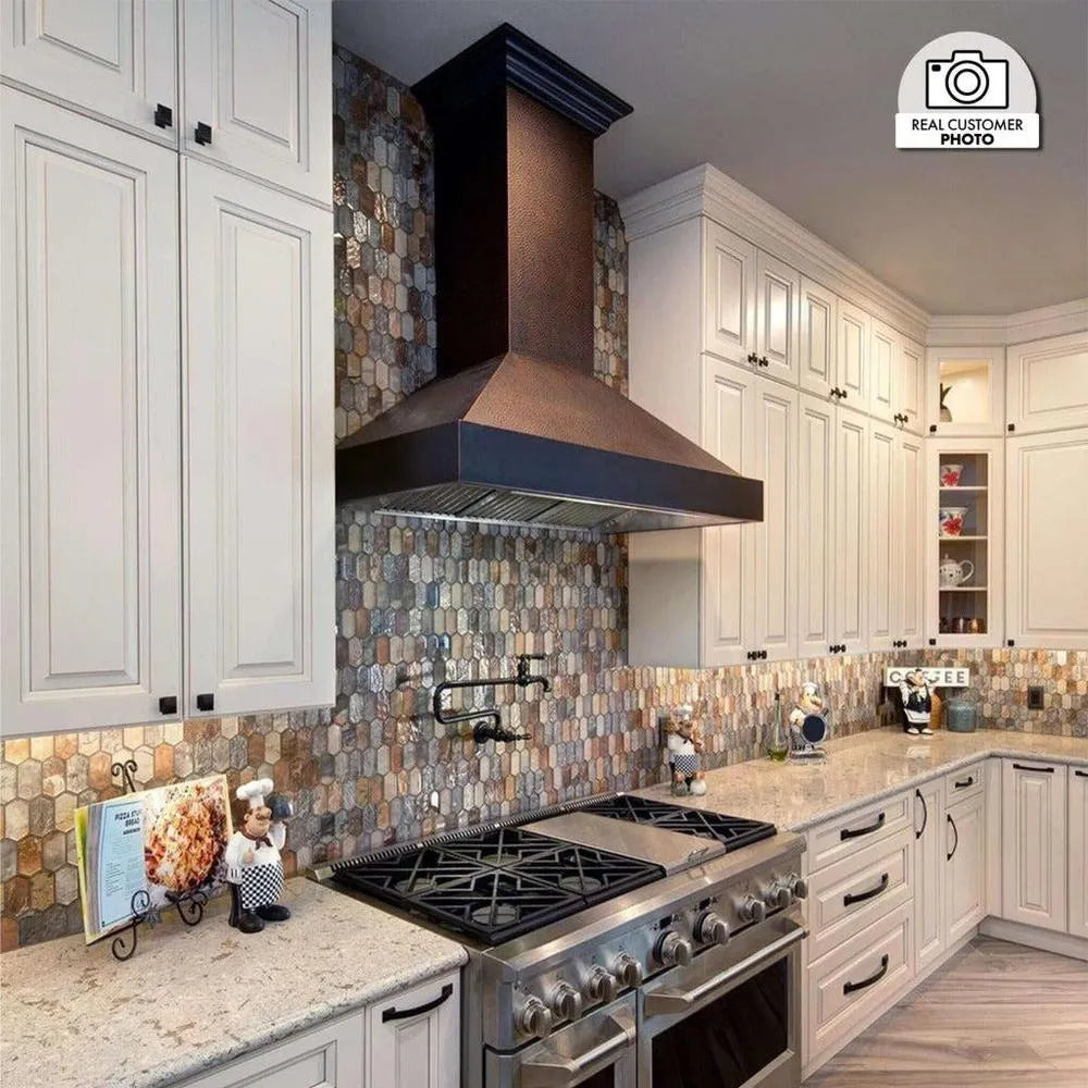 ZLINE Designer Series Wall Mount Range Hood in Hand-Hammered Copper with Oil-Rubbed Bronze Details (655-HBXXX) 
