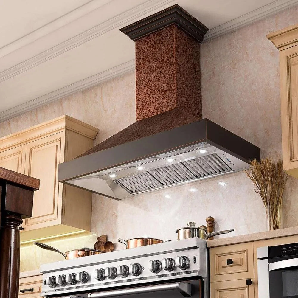 ZLINE Designer Series Wall Mount Range Hood in Hand-Hammered Copper with Oil-Rubbed Bronze Details (655-HBXXX) 