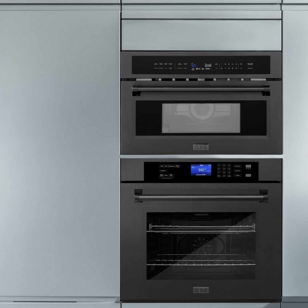 ZLINE 30 in. 1.6 cu ft. Black Stainless Steel Built-in Convection Microwave Oven (MWO-30-BS) above a matching wall oven