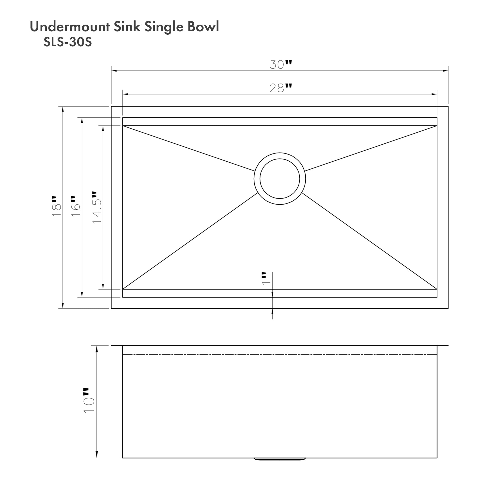 ZLINE 30 in. Garmisch Undermount Single Bowl Kitchen Sink with Bottom Grid and Accessories (SLS-30) dimensional diagram with measurements.