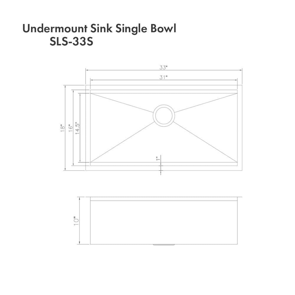 ZLINE 33 in. Garmisch Undermount Single Bowl Kitchen Sink with Bottom Grid and Accessories (SLS-33) dimensional diagram with measurements.