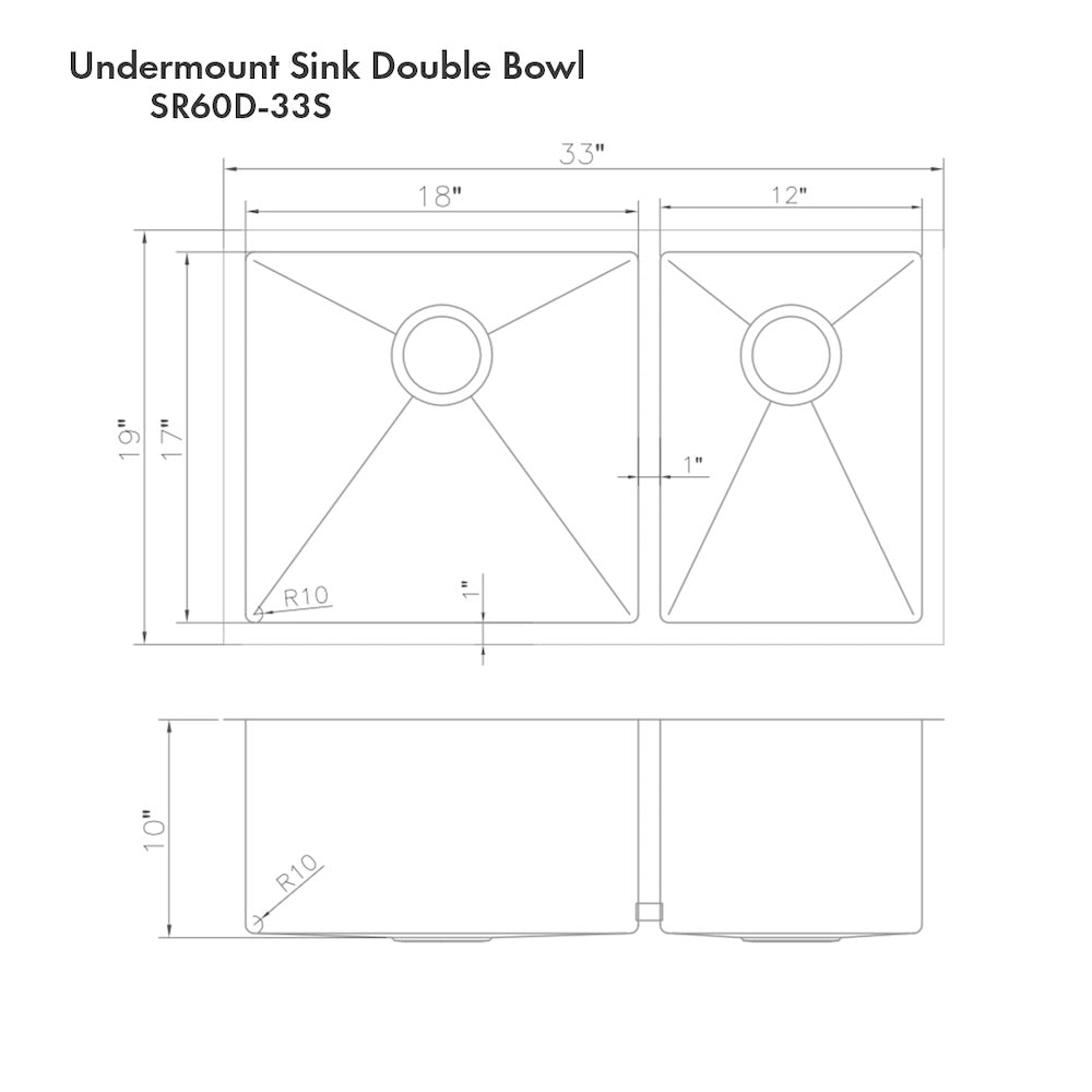 ZLINE 33 in. Chamonix Undermount Double Bowl Kitchen Sink with Bottom Grid (SR60D-33) 