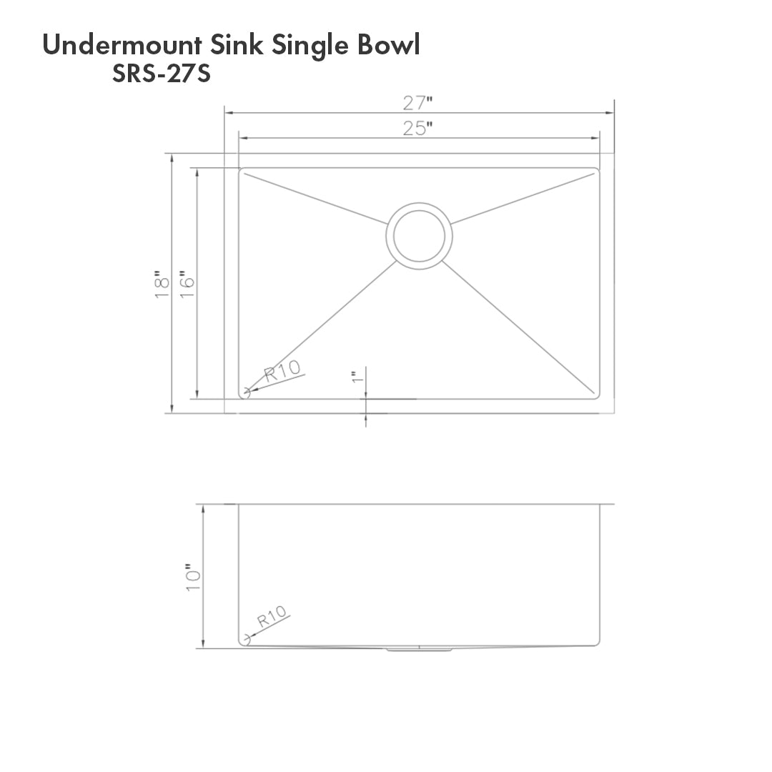 ZLINE 27 in. Meribel Undermount Single Bowl Kitchen Sink with Bottom Grid (SRS-27) dimensional diagram with measurements.