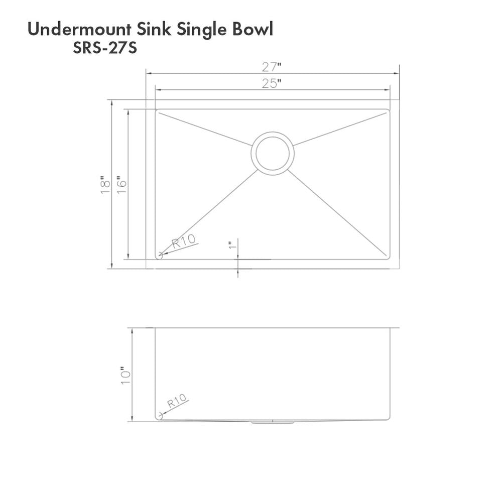 ZLINE 27 in. Meribel Undermount Single Bowl Kitchen Sink with Bottom Grid (SRS-27) dimensional diagram with measurements.