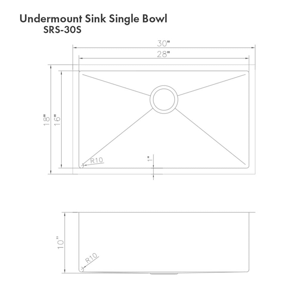 ZLINE 30 in. Meribel Undermount Single Bowl Kitchen Sink with Bottom Grid (SRS-30) dimensional diagram with measurements.