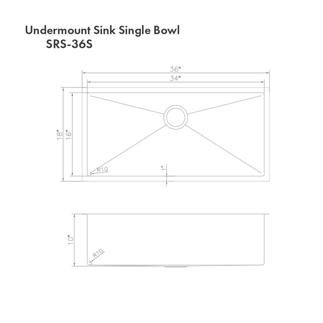 ZLINE 36 in. Classic Series Undermount Single Bowl Sink (SRS-36) dimensional diagram with measurements.