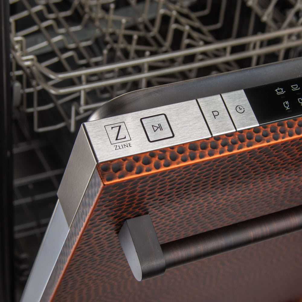 ZLINE 24 in. Hand-Hammered Copper Top Control Built-In Dishwasher with Stainless Steel Tub and Traditional Style Handle, 52dBa (DW-HH-H-24) close-up, top controls.