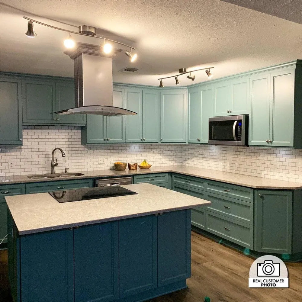 ZLINE Convertible Vent Island Mount Range Hood in Stainless Steel and Glass (GL14i) real customer photograph.