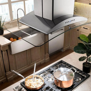 ZLINE Convertible Vent Island Mount Range Hood in Stainless Steel and Glass (GL9i) lifestyle.