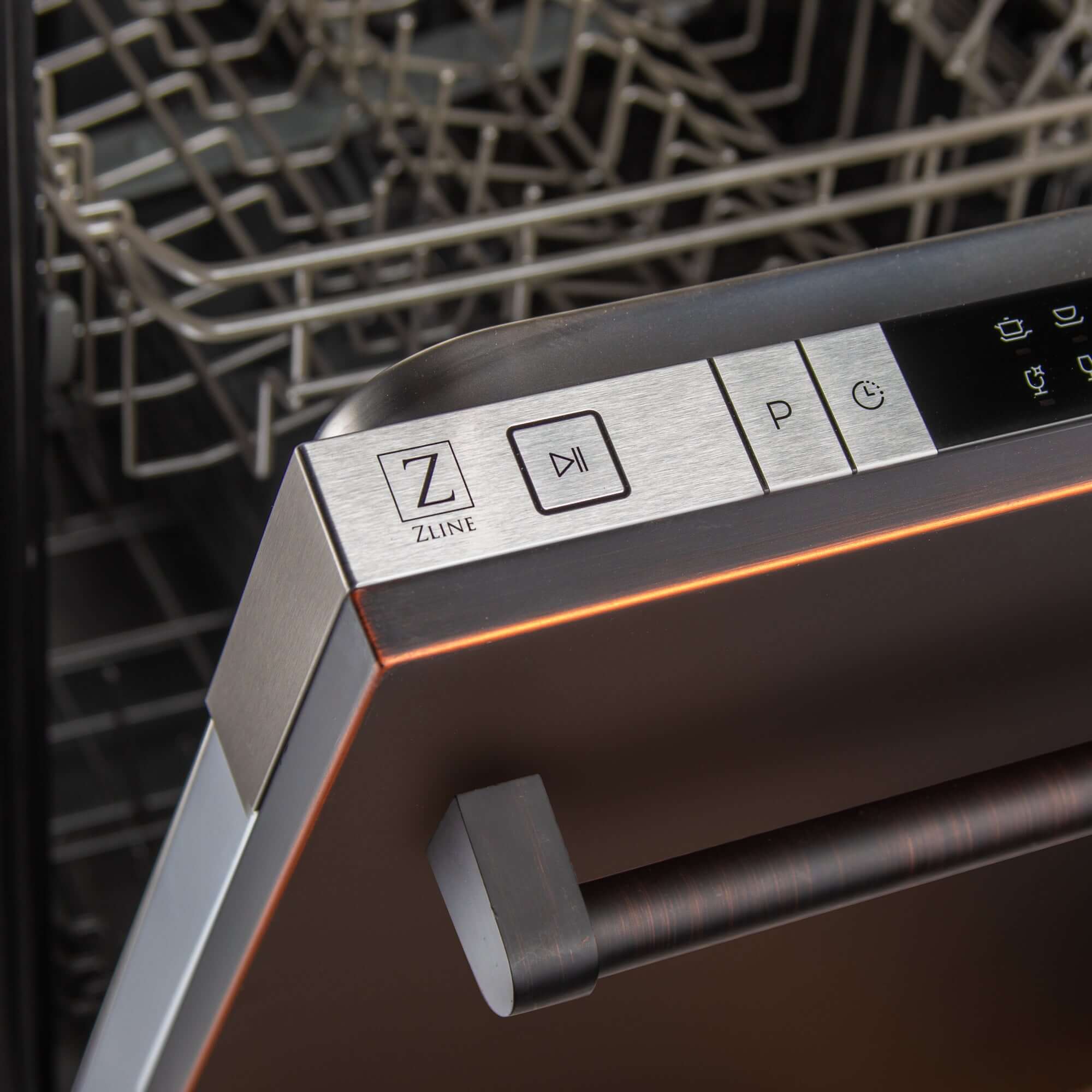 ZLINE 24 in. Oil-Rubbed Bronze Top Control Built-In Dishwasher with Stainless Steel Tub and Traditional Style Handle, 52dBa (DW-ORB-H-24) front, closed.