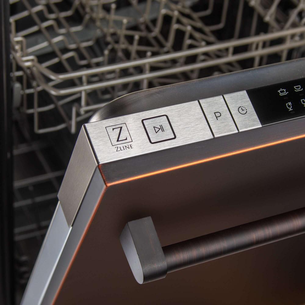 ZLINE 24 in. Oil-Rubbed Bronze Top Control Built-In Dishwasher with Stainless Steel Tub and Traditional Style Handle, 52dBa (DW-ORB-H-24) top control panel.