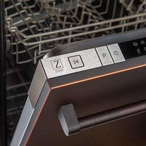 ZLINE 24 in. Oil-Rubbed Bronze Top Control Built-In Dishwasher with Stainless Steel Tub and Traditional Style Handle, 52dBa (DW-ORB-H-24) top control panel.