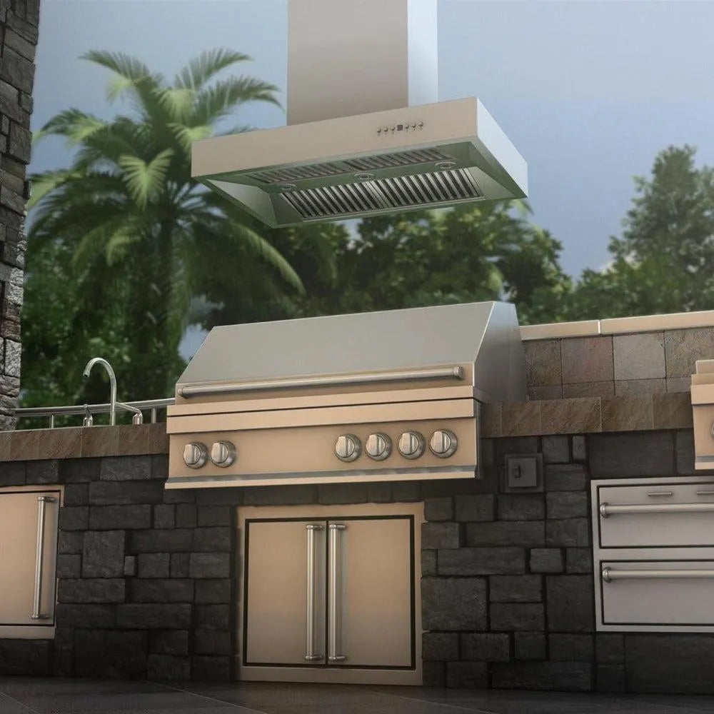 ZLINE Ducted Outdoor Island Mount Range Hood in Stainless Steel (KECOMi-304) rendering.