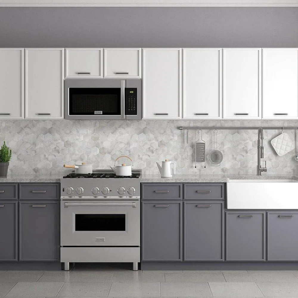 ZLINE Stainless Steel Over the Range Convection Microwave Oven with Modern Handle (MWO-OTR-30) in a modern luxury kitchen over a range