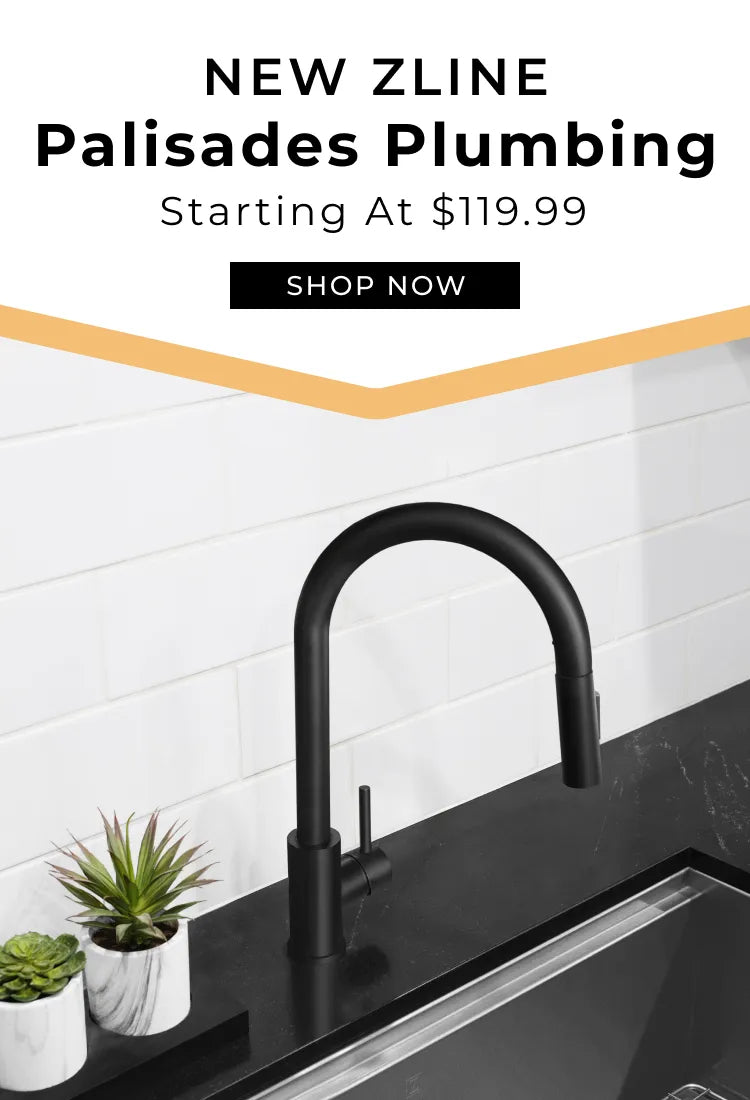 Matte Black faucet in a luxury kitchen. Text: New ZLINE Palisades Plumbing. Starting at $119.99. Button: Shop now.
