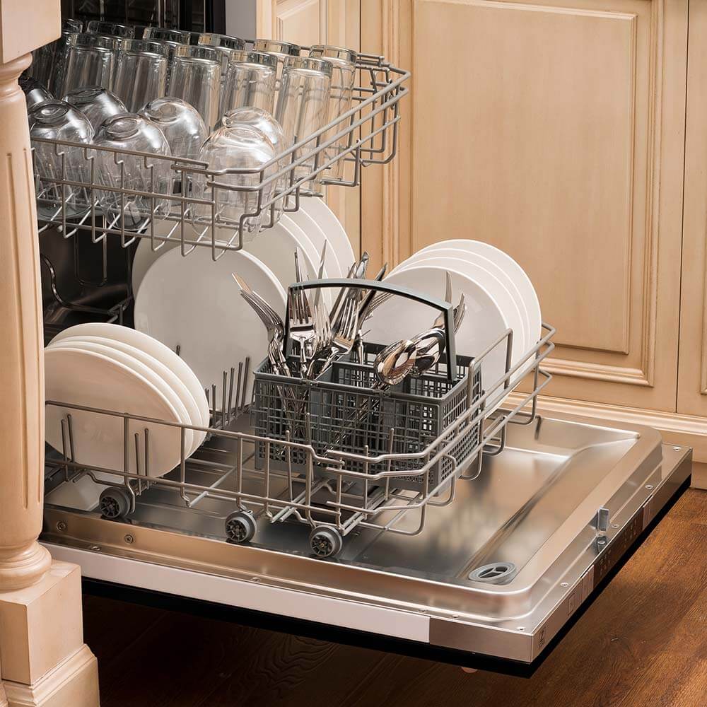 ZLINE 24 in. Black Matte Top Control Built-In Dishwasher with Stainless Steel Tub and Modern Style Handle, 52dBa (DW-BLM-H-24) open, with dishes loaded in a rustic-themed kitchen from side.