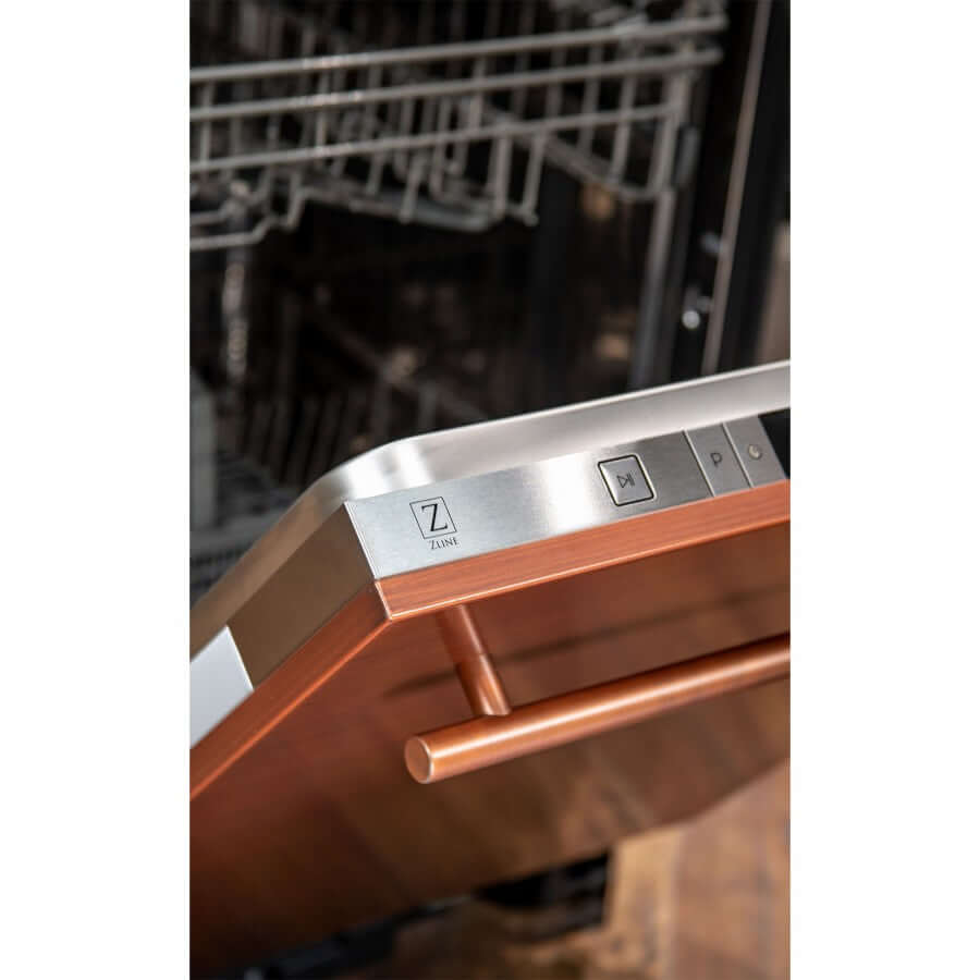 ZLINE 24 in. Copper Top Control Built-In Dishwasher with Stainless Steel Tub and Modern Style Handle, 52dBa (DW-C-24) front, open.