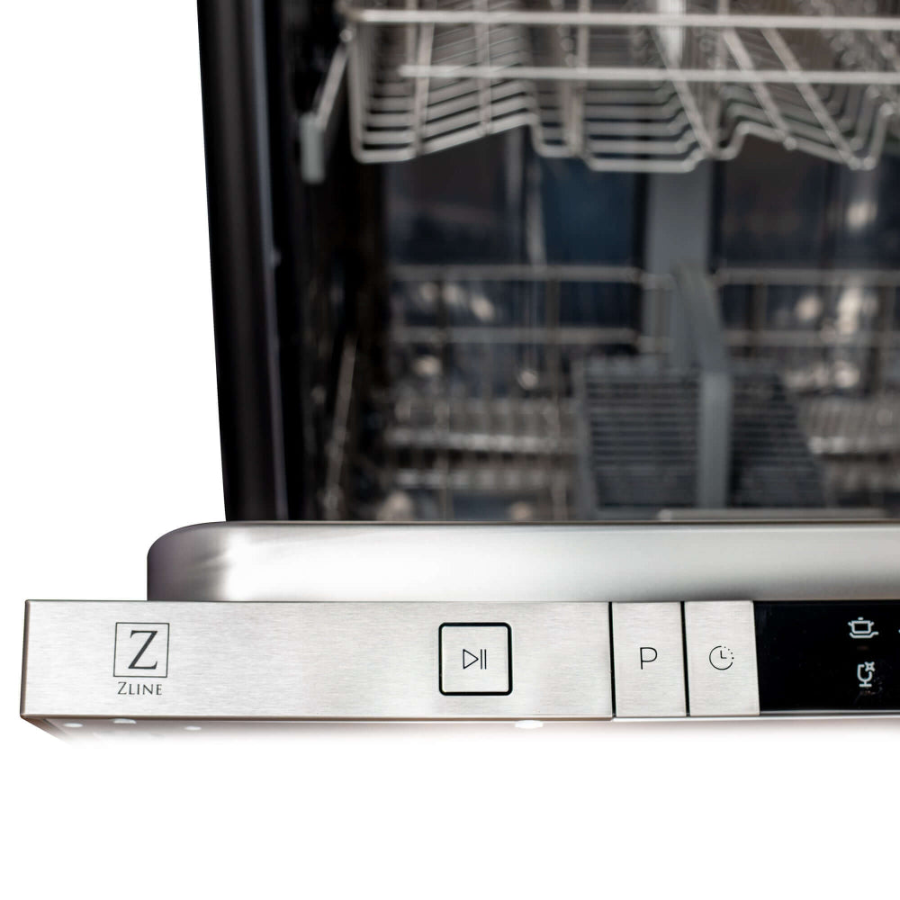 ZLINE 24 in. Blue Gloss Top Control Built-In Dishwasher with Stainless Steel Tub and Modern Style Handle, 52dBa (DW-BG-H-24) close-up, top control buttons.