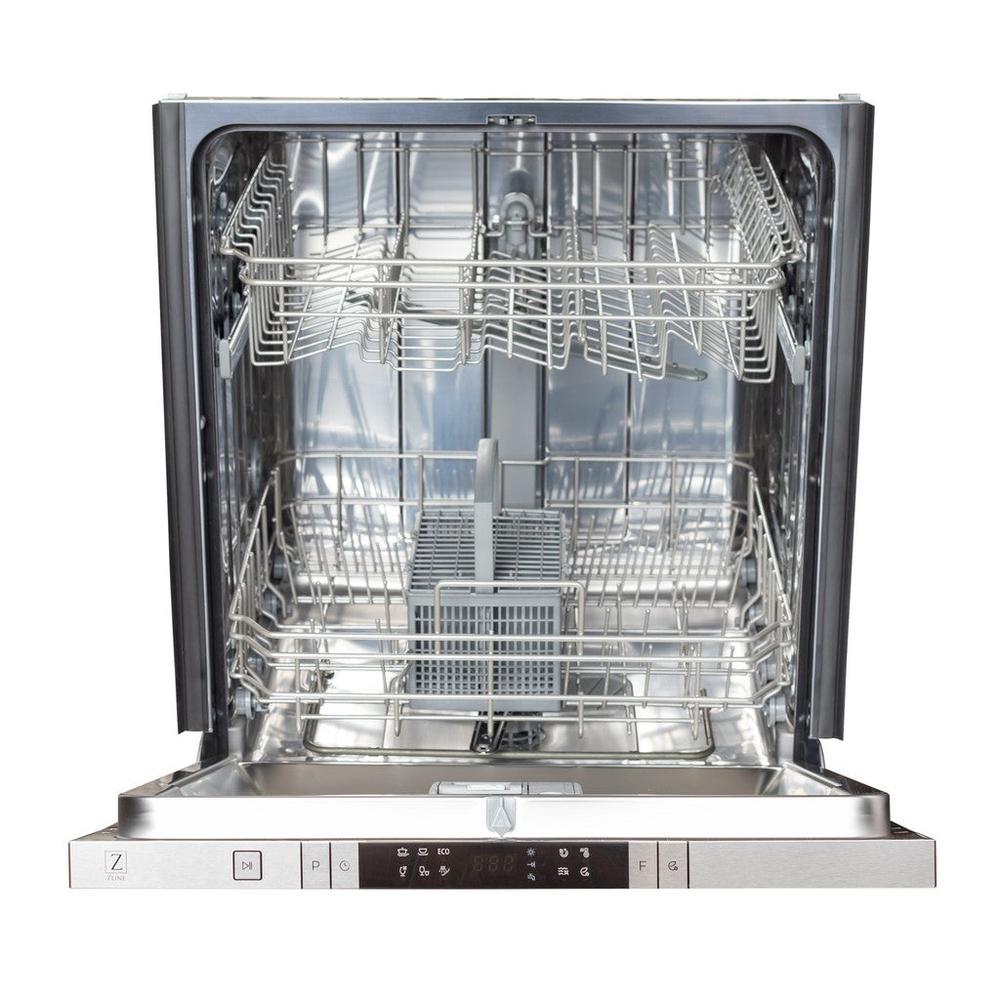 ZLINE 24 in. White Matte Top Control Built-In Dishwasher with Stainless Steel Tub and Traditional Style Handle, 52dBa (DW-WM-24) front, open with tub empty.