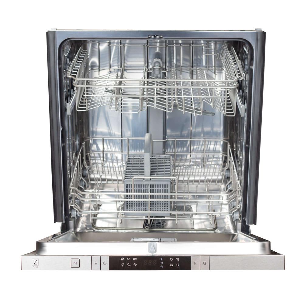 ZLINE 24 in. Black Matte Top Control Built-In Dishwasher with Stainless Steel Tub and Traditional Style Handle, 52dBa (DW-BLM-24) front, open with tub empty.